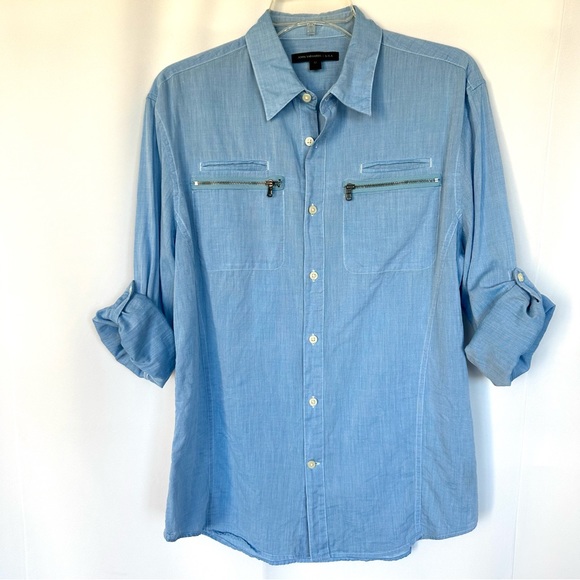 JOHN VARVATOS LIGHTWEIGHT LONG ROLL-TAB SLEEVE ZIP-POCKET BUTTON UP SHIRT SzM - Picture 2 of 13